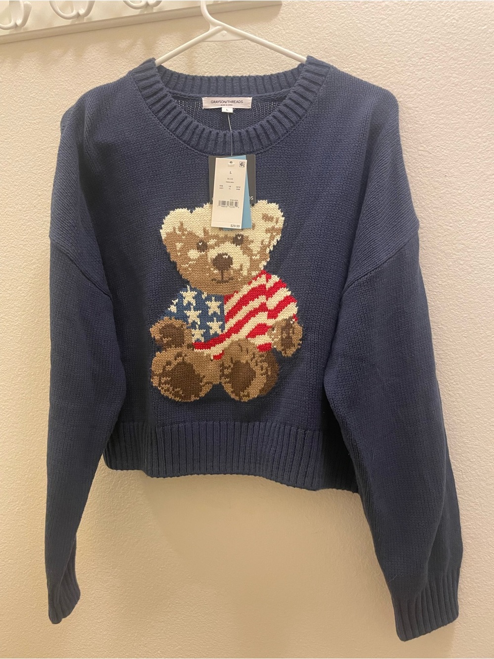 Grayson Threads Navy Crewneck Sweater with Teddy Bear Flag Motif